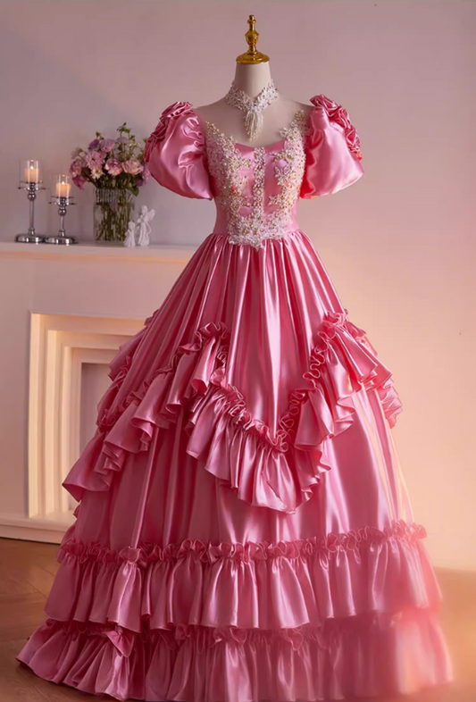 Princess A-Line Illusion Neck Ruffled Satin Sweet 16th Gowns Appliques Beading Sequins Short Sleeve Prom Dress AP5474