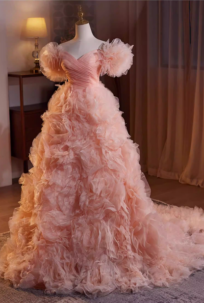 Pretty Off-Shoulder A-Line Pleated Sweet 16th Dresses Handmade Flowers Tulle Prom Dress AP5475