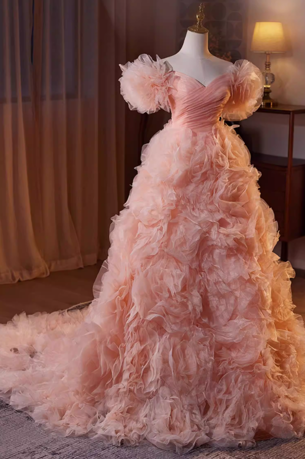 Pretty Off-Shoulder A-Line Pleated Sweet 16th Dresses Handmade Flowers Tulle Prom Dress AP5475