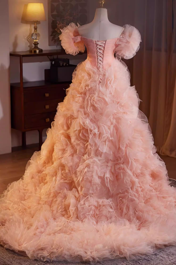 Pretty Off-Shoulder A-Line Pleated Sweet 16th Dresses Handmade Flowers Tulle Prom Dress AP5475