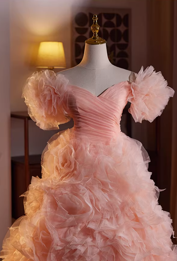 Pretty Off-Shoulder A-Line Pleated Sweet 16th Dresses Handmade Flowers Tulle Prom Dress AP5475