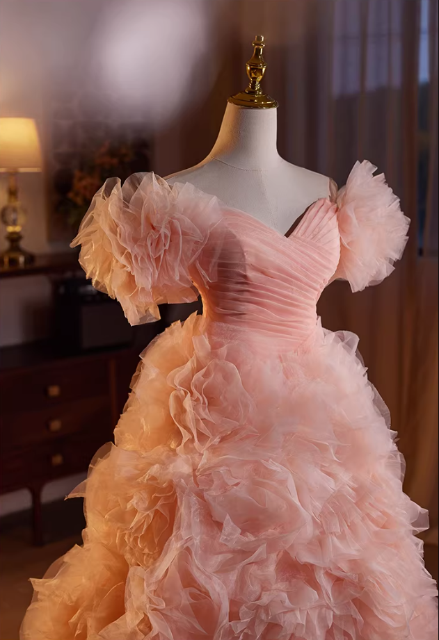 Pretty Off-Shoulder A-Line Pleated Sweet 16th Dresses Handmade Flowers Tulle Prom Dress AP5475
