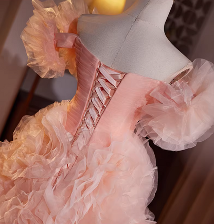 Pretty Off-Shoulder A-Line Pleated Sweet 16th Dresses Handmade Flowers Tulle Prom Dress AP5475