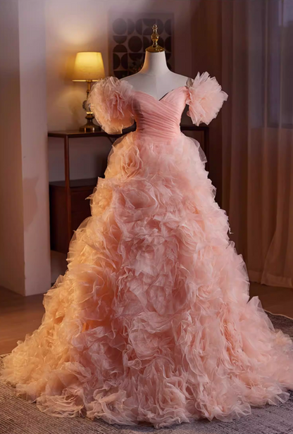 Pretty Off-Shoulder A-Line Pleated Sweet 16th Dresses Handmade Flowers Tulle Prom Dress AP5475