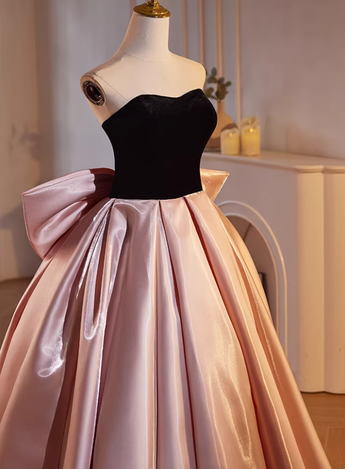Fancy Strapless A-Line Sweet 16th Gowns Satin Velvet Bow Prom Dress AP5476