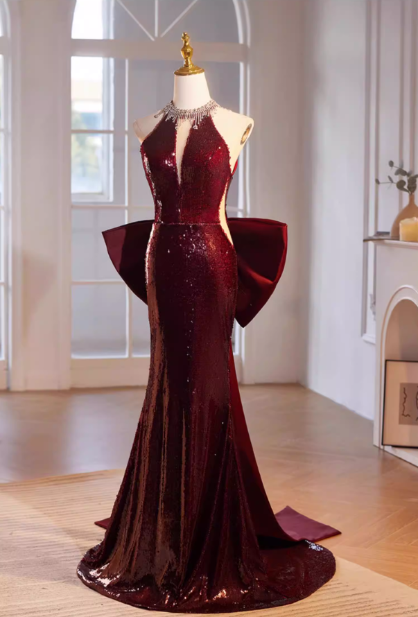 Delicate Halter Neck Red Backless Formal Mermaid Dresses Sequins Beading Bow Train Cutout Prom Dress AP5477
