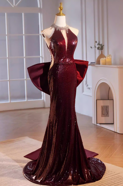 Delicate Halter Neck Red Backless Formal Mermaid Dresses Sequins Beading Bow Train Cutout Prom Dress AP5477