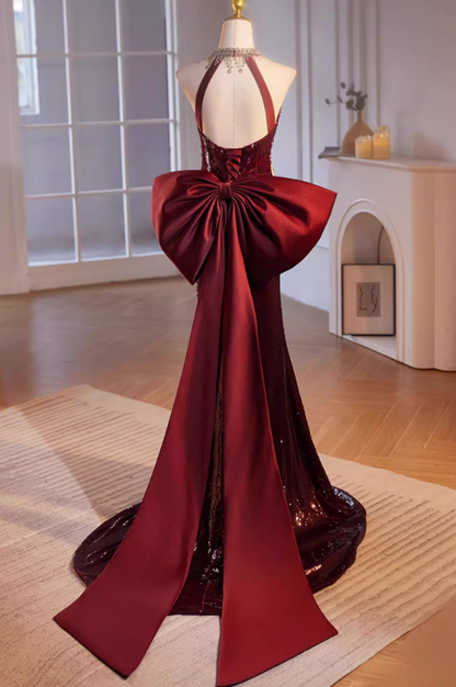 Delicate Halter Neck Red Backless Formal Mermaid Dresses Sequins Beading Bow Train Cutout Prom Dress AP5477