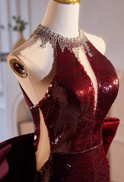 Delicate Halter Neck Red Backless Formal Mermaid Dresses Sequins Beading Bow Train Cutout Prom Dress AP5477
