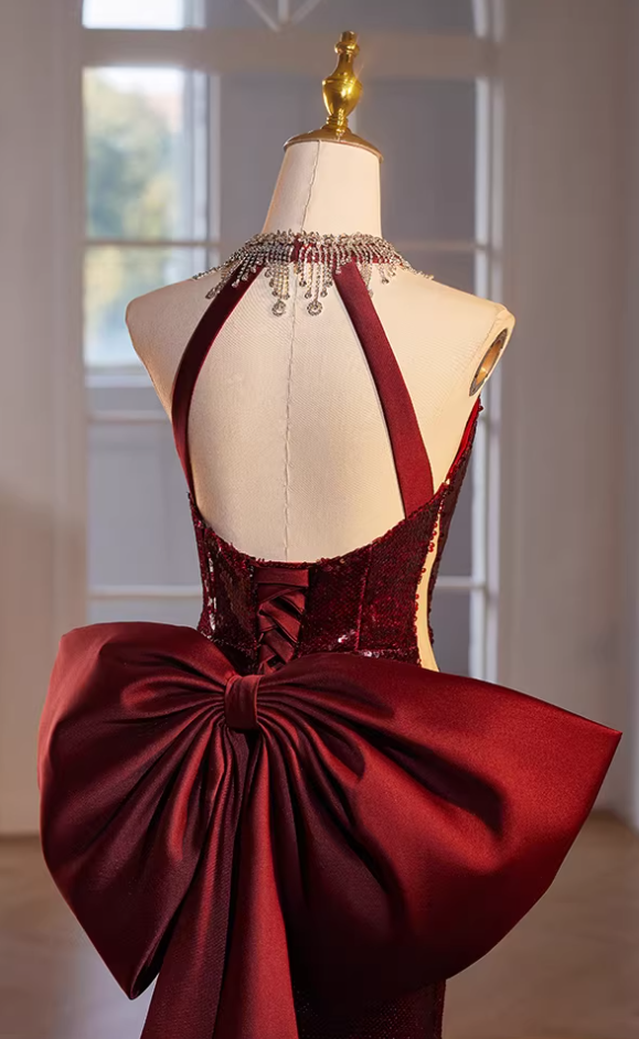 Delicate Halter Neck Red Backless Formal Mermaid Dresses Sequins Beading Bow Train Cutout Prom Dress AP5477