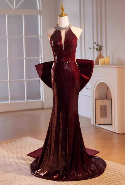 Delicate Halter Neck Red Backless Formal Mermaid Dresses Sequins Beading Bow Train Cutout Prom Dress AP5477