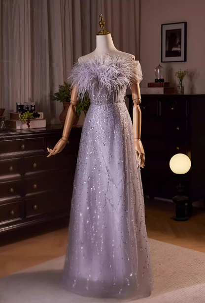 Gen Z Style Off-Shoulder A-Line Sweet 16th Dresses Sequins Tulle Feather Prom Dress AP5479