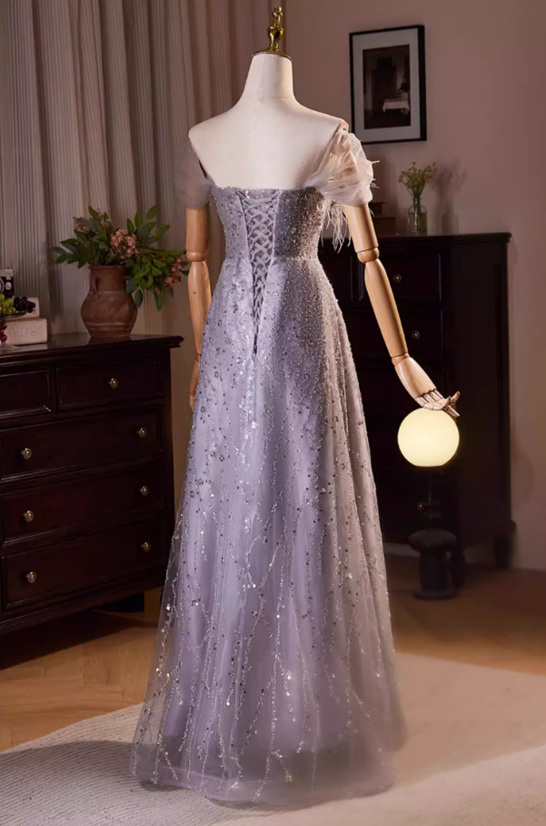 Gen Z Style Off-Shoulder A-Line Sweet 16th Dresses Sequins Tulle Feather Prom Dress AP5479