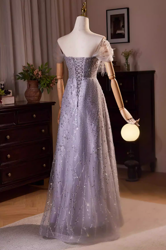 Gen Z Style Off-Shoulder A-Line Sweet 16th Dresses Sequins Tulle Feather Prom Dress AP5479