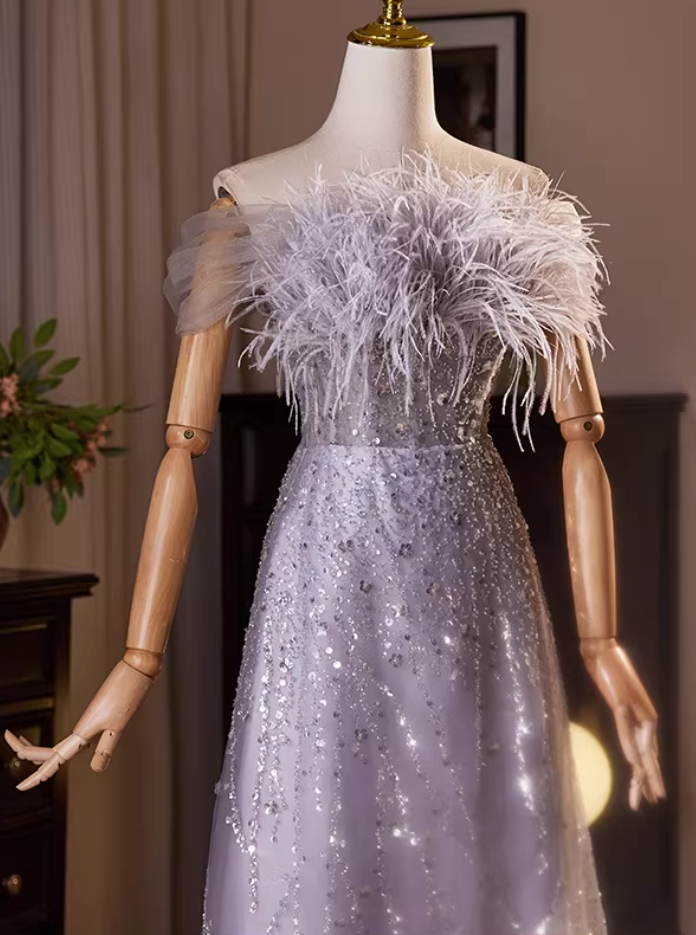 Gen Z Style Off-Shoulder A-Line Sweet 16th Dresses Sequins Tulle Feather Prom Dress AP5479