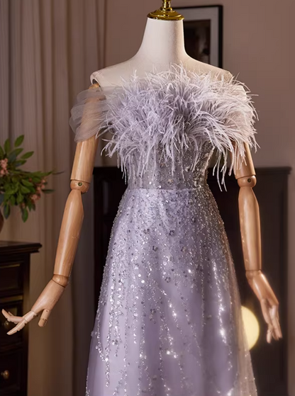 Gen Z Style Off-Shoulder A-Line Sweet 16th Dresses Sequins Tulle Feather Prom Dress AP5479