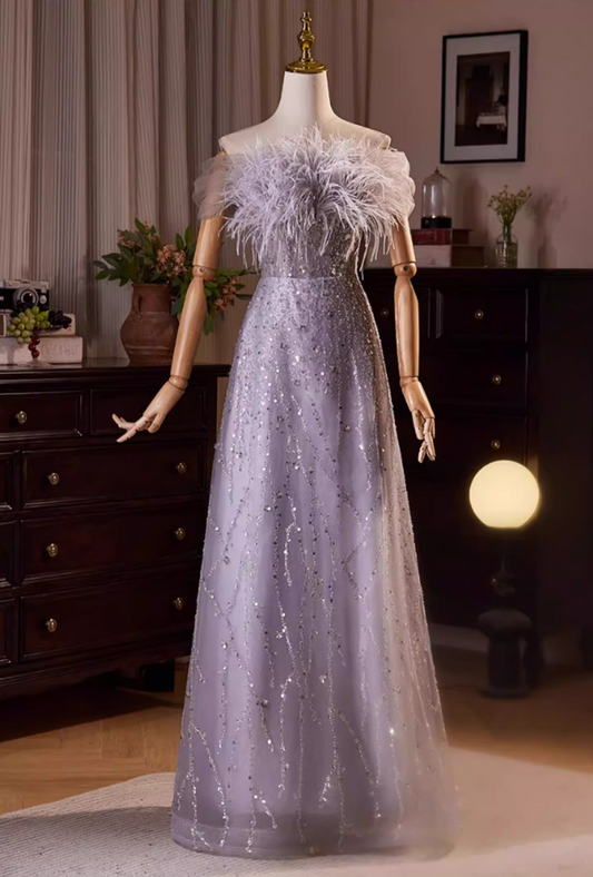 Gen Z Style Off-Shoulder A-Line Sweet 16th Dresses Sequins Tulle Feather Prom Dress AP5479