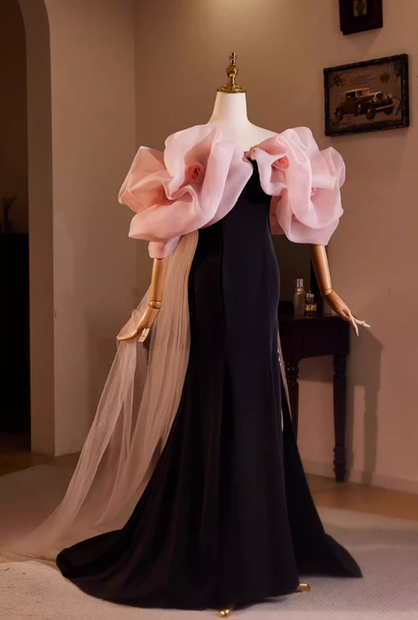 Gothic-Style Off-Shoulder Evening Mermaid Dress Handmade Flowers High-Slit Prom Dress AP5481
