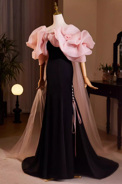 Gothic-Style Off-Shoulder Evening Mermaid Dress Handmade Flowers High-Slit Prom Dress AP5481
