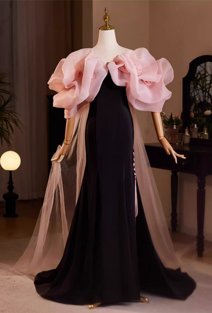 Gothic-Style Off-Shoulder Evening Mermaid Dress Handmade Flowers High-Slit Prom Dress AP5481