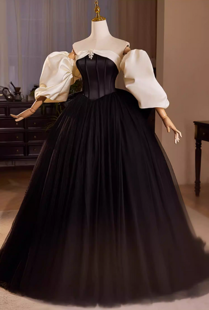 Casual Off-Shoulder A-Line Black Tulle Sweet 16th Dresses Beading Bow Prom Dress AP5482