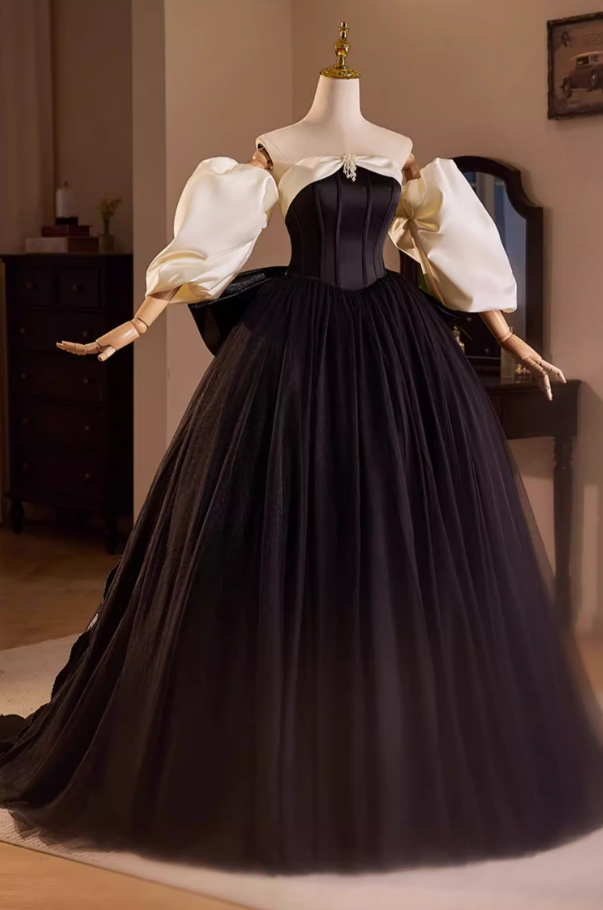 Casual Off-Shoulder A-Line Black Tulle Sweet 16th Dresses Beading Bow Prom Dress AP5482