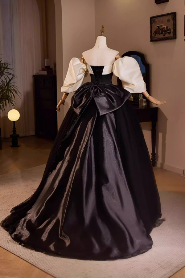 Casual Off-Shoulder A-Line Black Tulle Sweet 16th Dresses Beading Bow Prom Dress AP5482