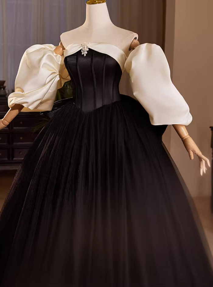 Casual Off-Shoulder A-Line Black Tulle Sweet 16th Dresses Beading Bow Prom Dress AP5482
