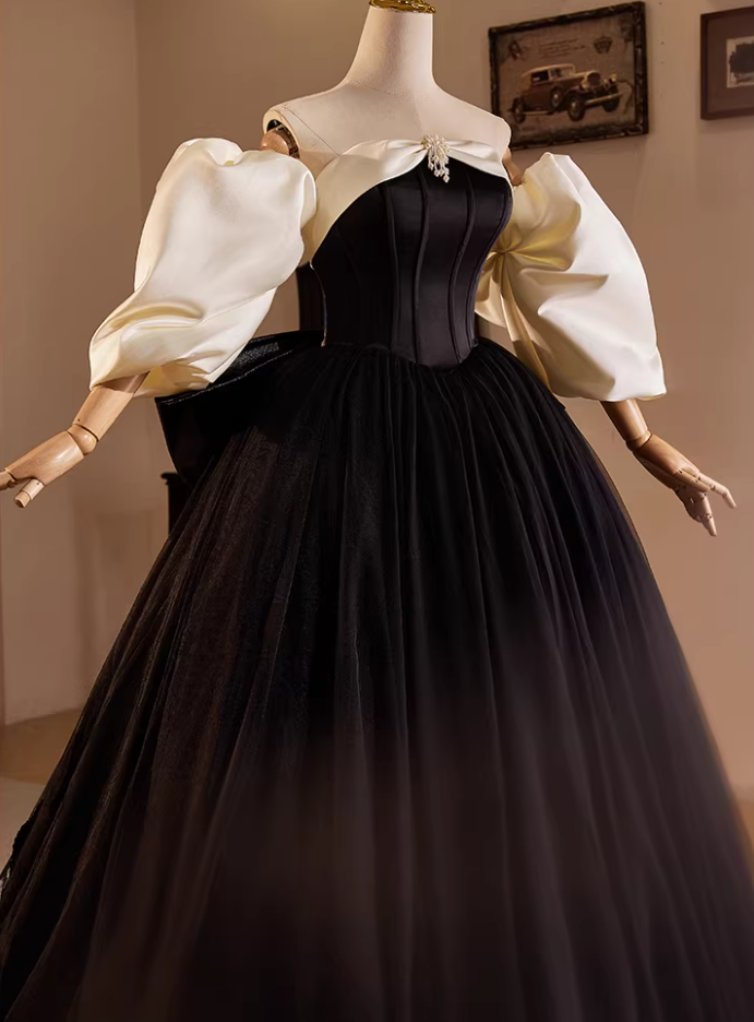 Casual Off-Shoulder A-Line Black Tulle Sweet 16th Dresses Beading Bow Prom Dress AP5482