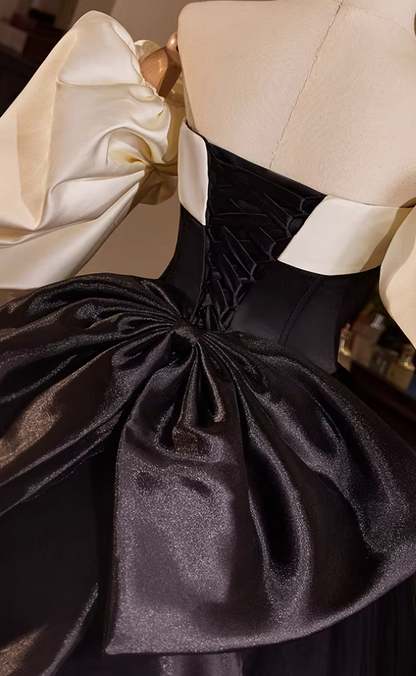 Casual Off-Shoulder A-Line Black Tulle Sweet 16th Dresses Beading Bow Prom Dress AP5482