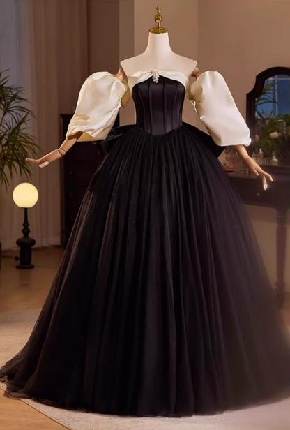 Casual Off-Shoulder A-Line Black Tulle Sweet 16th Dresses Beading Bow Prom Dress AP5482