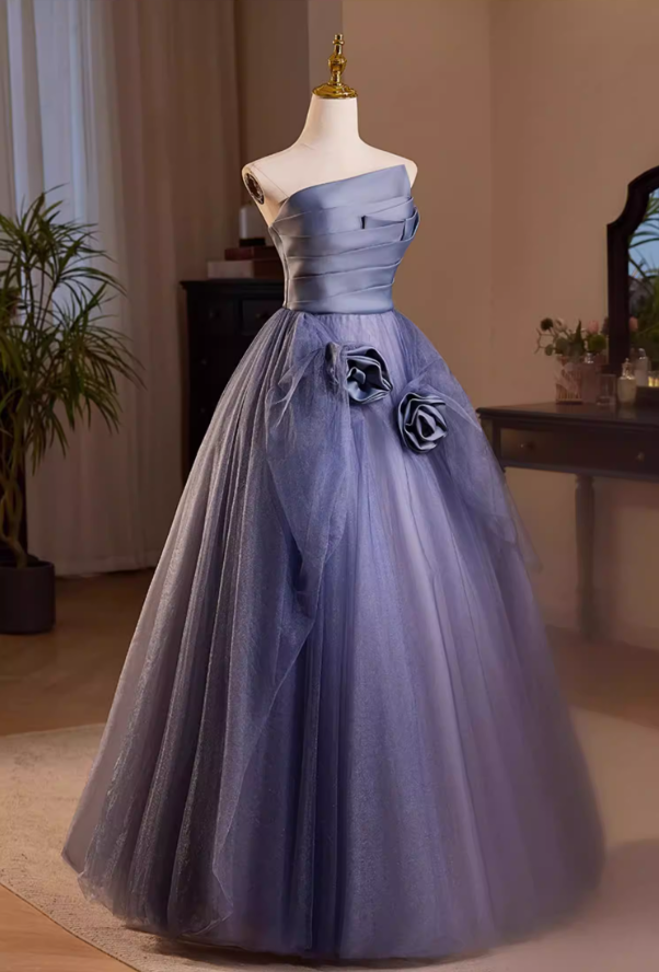 Y2K Style Strapless A-Line Pleated Sweet 16th Gowns Handmade Flowers Tulle Prom Dress AP5483