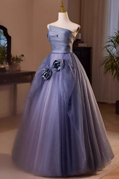 Y2K Style Strapless A-Line Pleated Sweet 16th Gowns Handmade Flowers Tulle Prom Dress AP5483