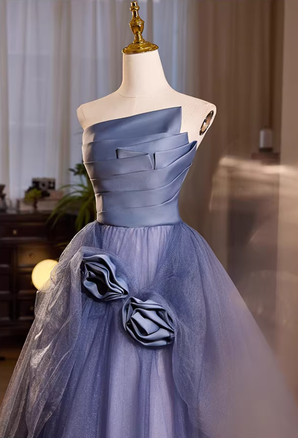 Y2K Style Strapless A-Line Pleated Sweet 16th Gowns Handmade Flowers Tulle Prom Dress AP5483