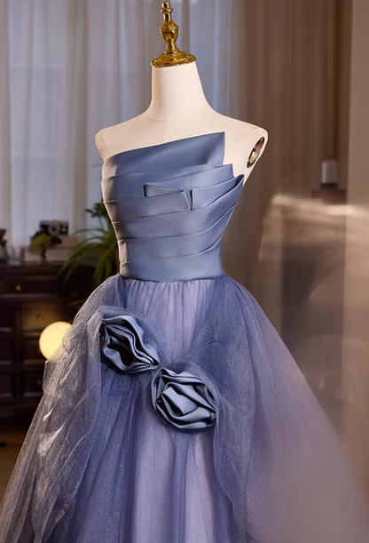 Y2K Style Strapless A-Line Pleated Sweet 16th Gowns Handmade Flowers Tulle Prom Dress AP5483