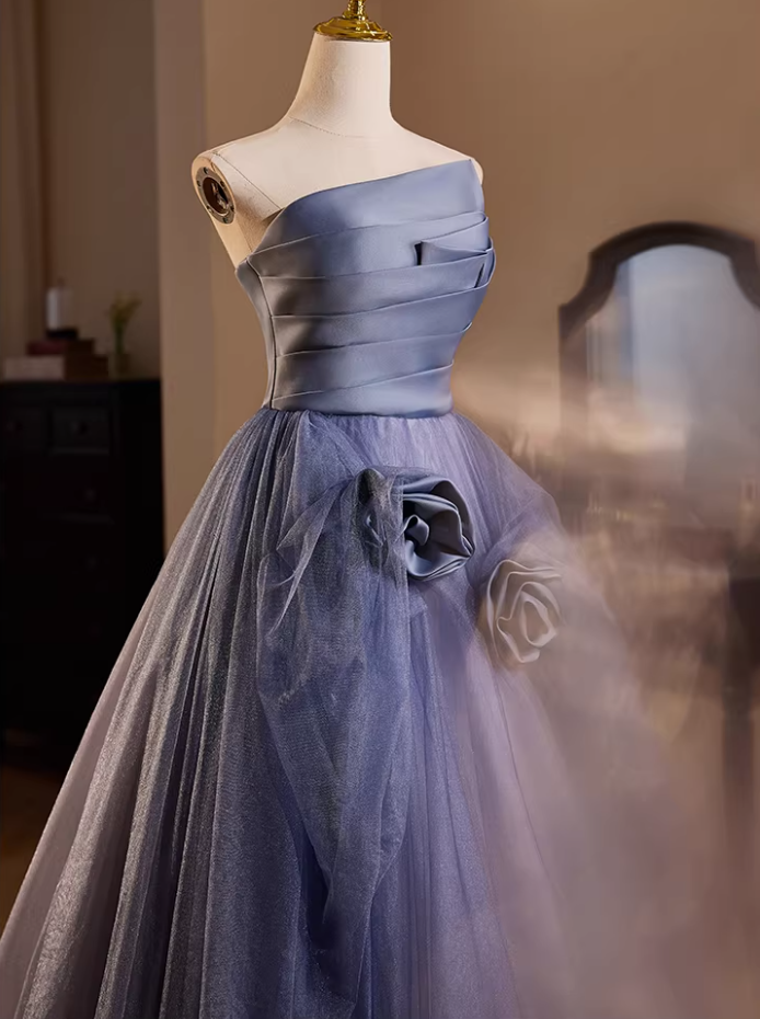 Y2K Style Strapless A-Line Pleated Sweet 16th Gowns Handmade Flowers Tulle Prom Dress AP5483