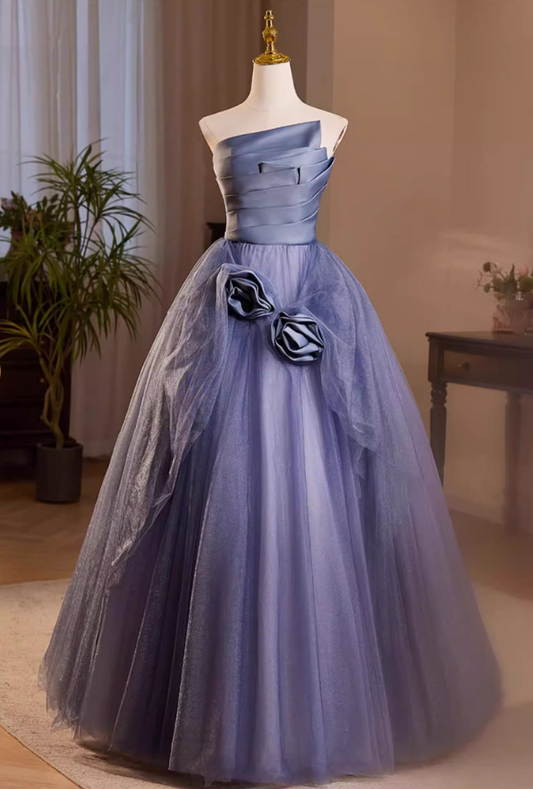Y2K Style Strapless A-Line Pleated Sweet 16th Gowns Handmade Flowers Tulle Prom Dress AP5483