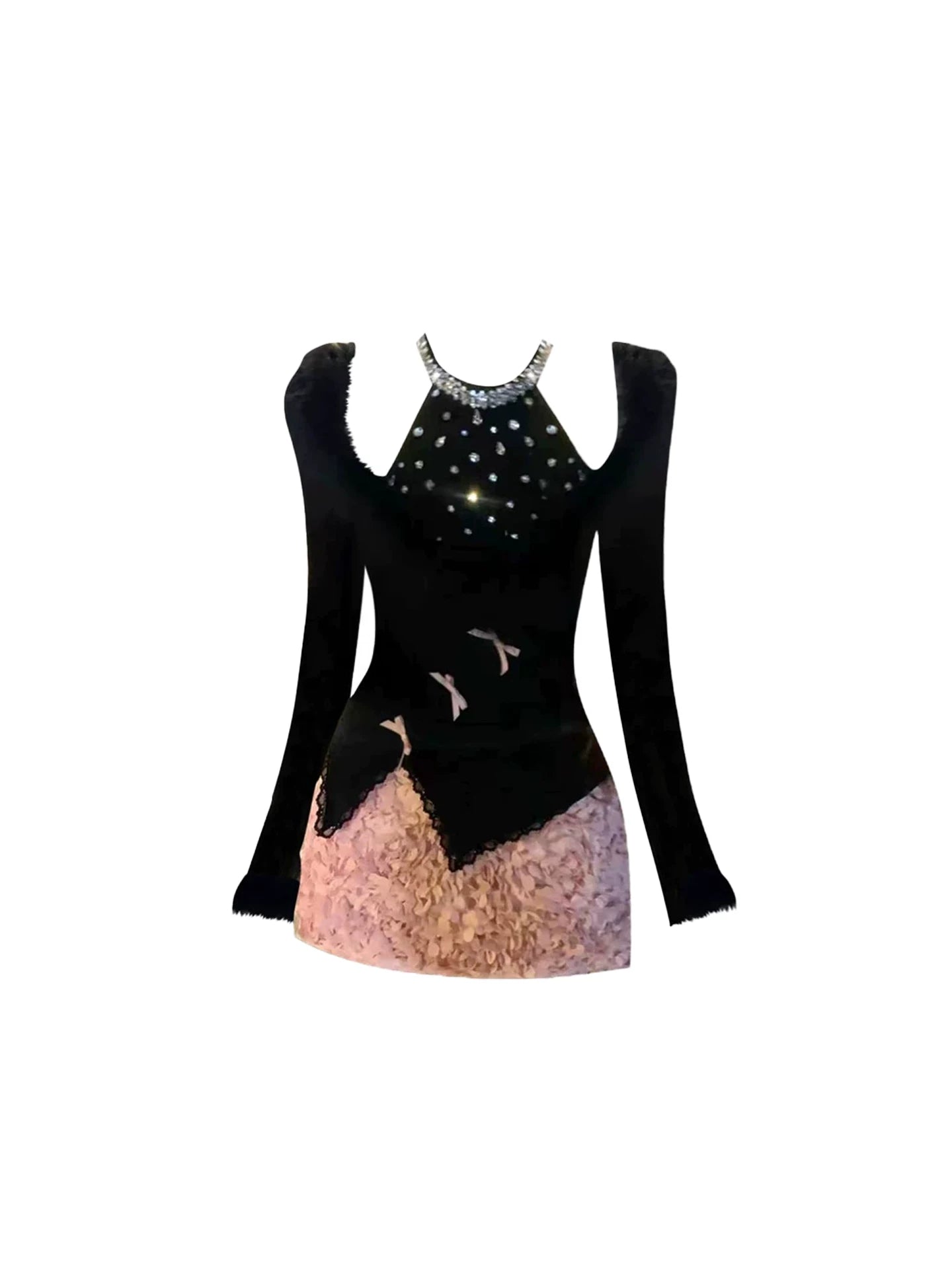 New Tendency Crystal Choker Pink Bow Accents Rose Texture Mini Skirt Luxe Black Long Sleeve Fur-Trimmed Bodycon 2-Piece Short Dress AP5485
