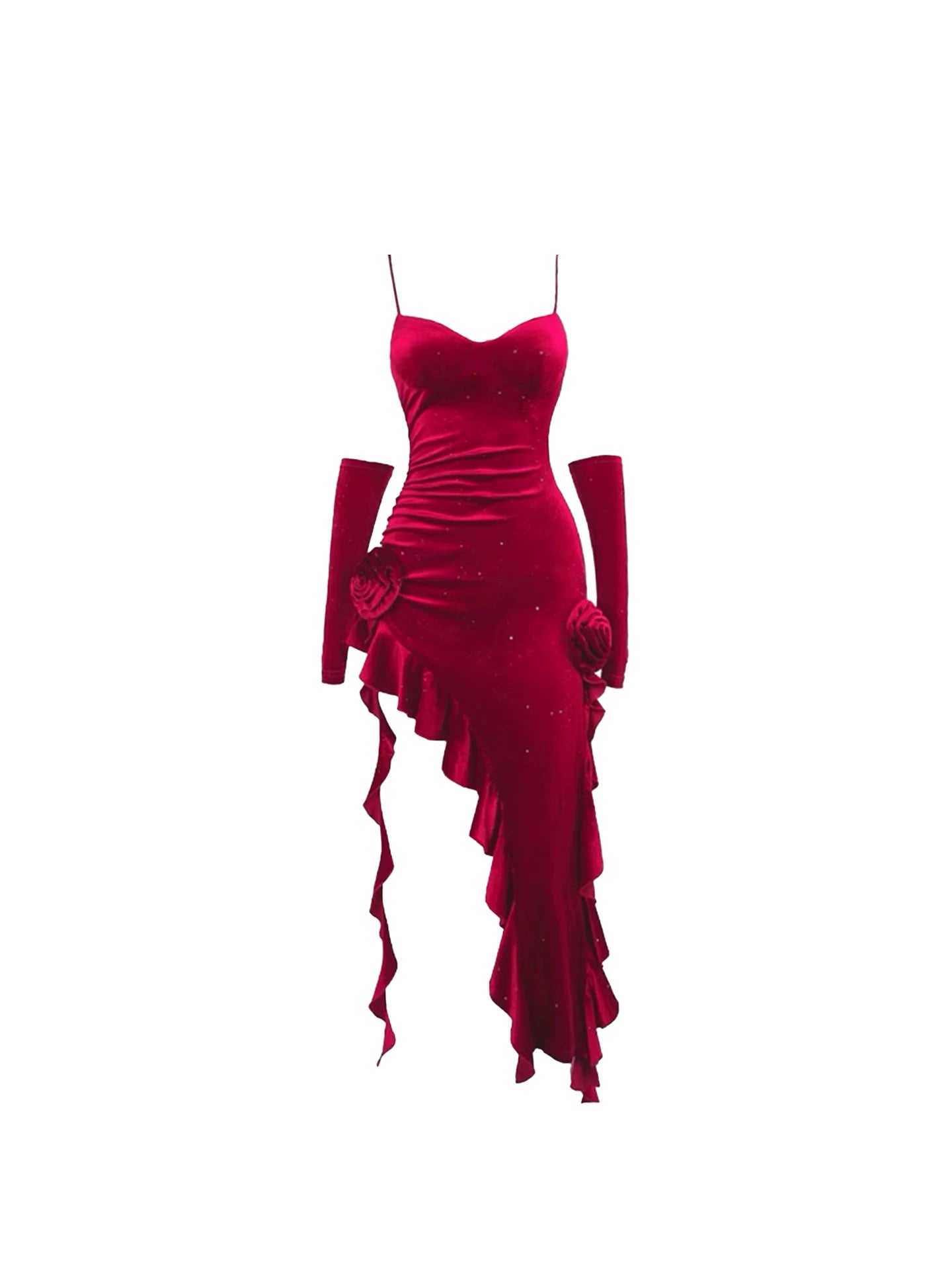 Fairy Red Velvet Spaghetti Strap Mini Skirt Sexy Rose Applique Asymmetric Ruffle Hem Bodycon Short Dress AP5486
