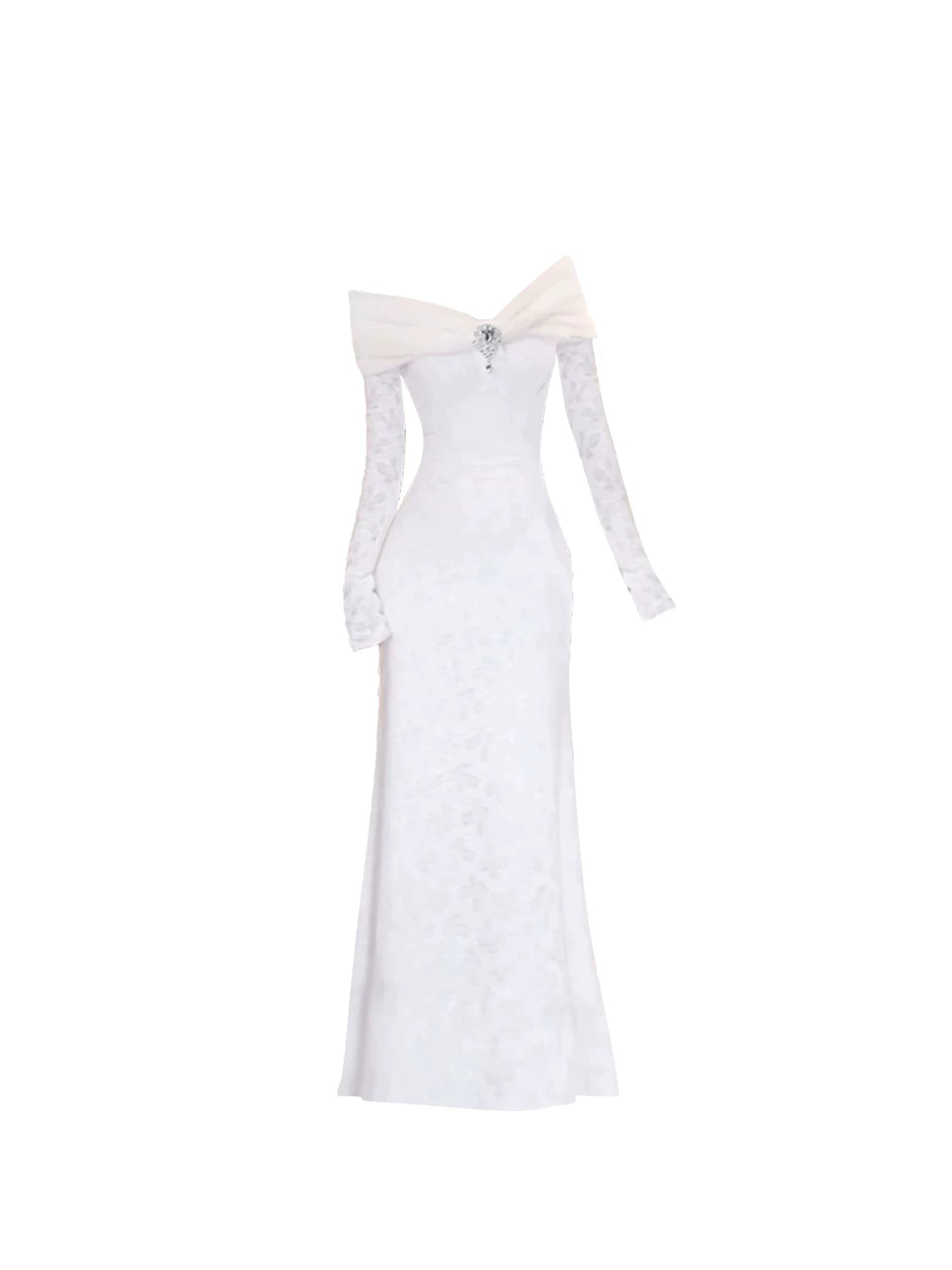 Everyday Wear White Off-Shoulder Long Sleeve Maxi Dress Elegant Oversized Tulle Bow Crystal Brooch Lace Sheath Long Dress AP5487