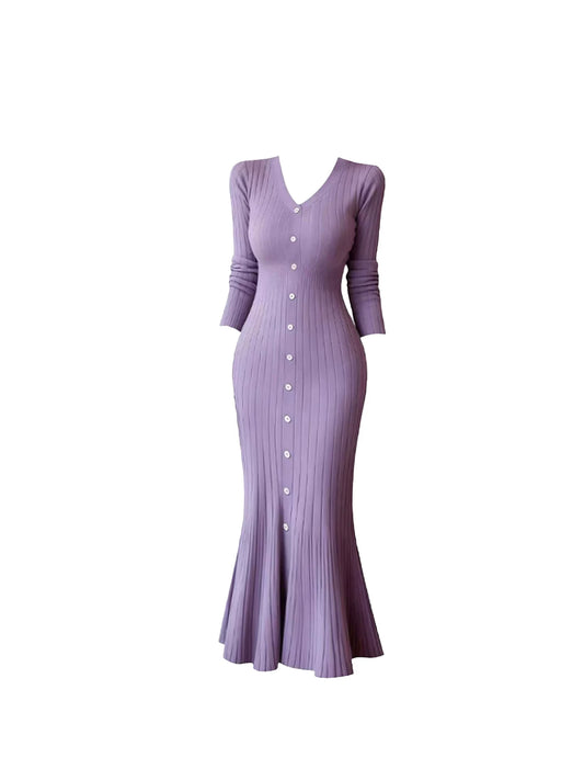 Boho-Inspired Lavender Ribbed Knit Long Sleeve Maxi Dress Elegant Deep V-Neck Button Front Flared Mermaid Long Dress AP5488