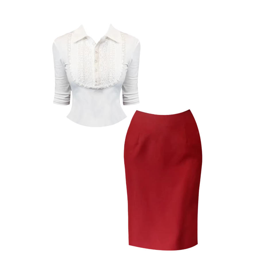 Exquisite 2-Piece Red Straight Midi Skirt Vintage Long Sleeve White Lace Lapel Neck High-Waist Long Dress AP5489