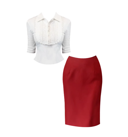 Exquisite 2-Piece Red Straight Midi Skirt Vintage Long Sleeve White Lace Lapel Neck High-Waist Long Dress AP5489