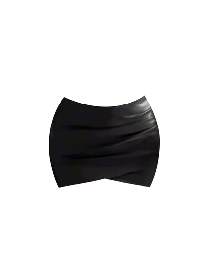 Lovely Cutout Top Faux Leather Ruched Mini Skirt Chic Black Long-Sleeve One-Shoulder Bodycon 2-Piece Short Dress AP5490