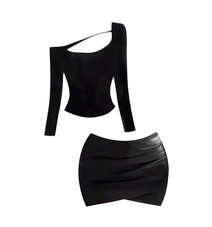 Lovely Cutout Top Faux Leather Ruched Mini Skirt Chic Black Long-Sleeve One-Shoulder Bodycon 2-Piece Short Dress AP5490