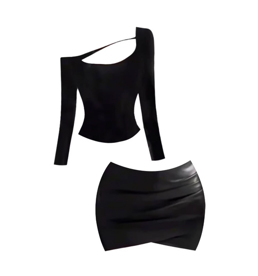 Lovely Cutout Top Faux Leather Ruched Mini Skirt Chic Black Long-Sleeve One-Shoulder Bodycon 2-Piece Short Dress AP5490