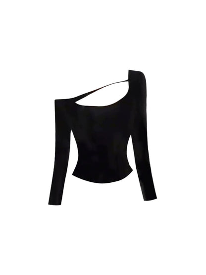 Lovely Cutout Top Faux Leather Ruched Mini Skirt Chic Black Long-Sleeve One-Shoulder Bodycon 2-Piece Short Dress AP5490