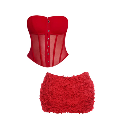 Beautiful Corset Top Button Sheer Mesh Bodycon Mini Skirt Trendy Red Strapless Two-Piece Set 3D Flower Texture Short Dress AP5492