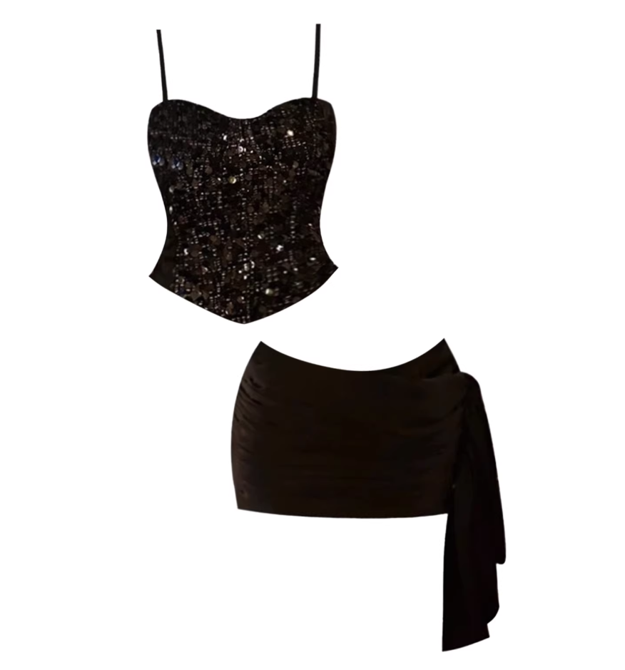 Enchanting Sequins Black Two-Piece Spaghetti Strap Mini Skirt Chic Corset Top Ruched Wrap Tie Detail Bodycon Short Dress AP5493