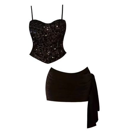 Enchanting Sequins Black Two-Piece Spaghetti Strap Mini Skirt Chic Corset Top Ruched Wrap Tie Detail Bodycon Short Dress AP5493